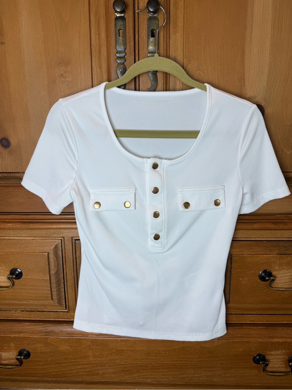 SHEIN Women’s White Short-Sleeve Ribbed Henley Top with Gold Buttons